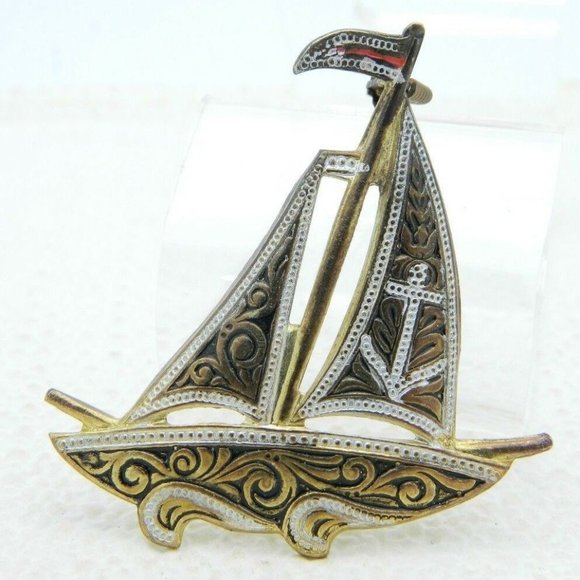 Vintage Jewelry - Vintage Spain Signed Damascene Sail Boat Ship Pin